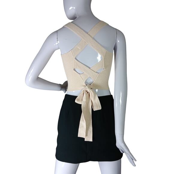 Be Cool Crop Knit Top Size Small / Medium Ribbed Beige Lightweight Ties on Back - Picture 5 of 8